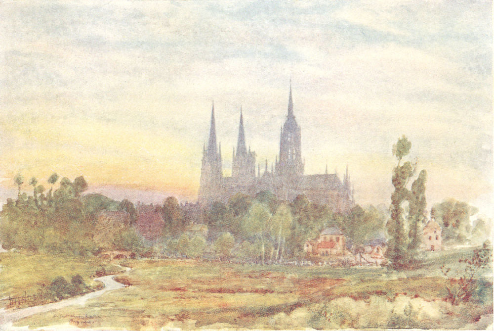 CALVADOS. Bayeux – from the Meadows. Cathedral 1907 old antique print picture